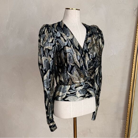 Rimini Tops - Women’s Vintage Rimini Silver and Gold embellesd Black‎ Wrap Blouse NO SIZE